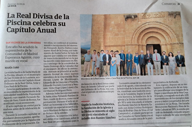 Artículo sobre la Junta de la Divisa en el diario «La Rioja», página 21, por María Caro (16/08/2026)